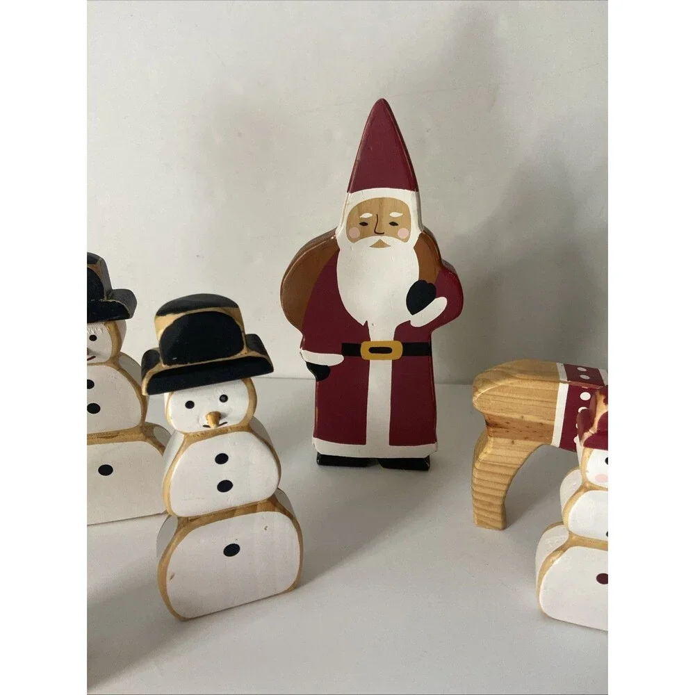 Pottery Barn Wood Santa Reindeer Snowman Forest Scene Figurine Set Christmas